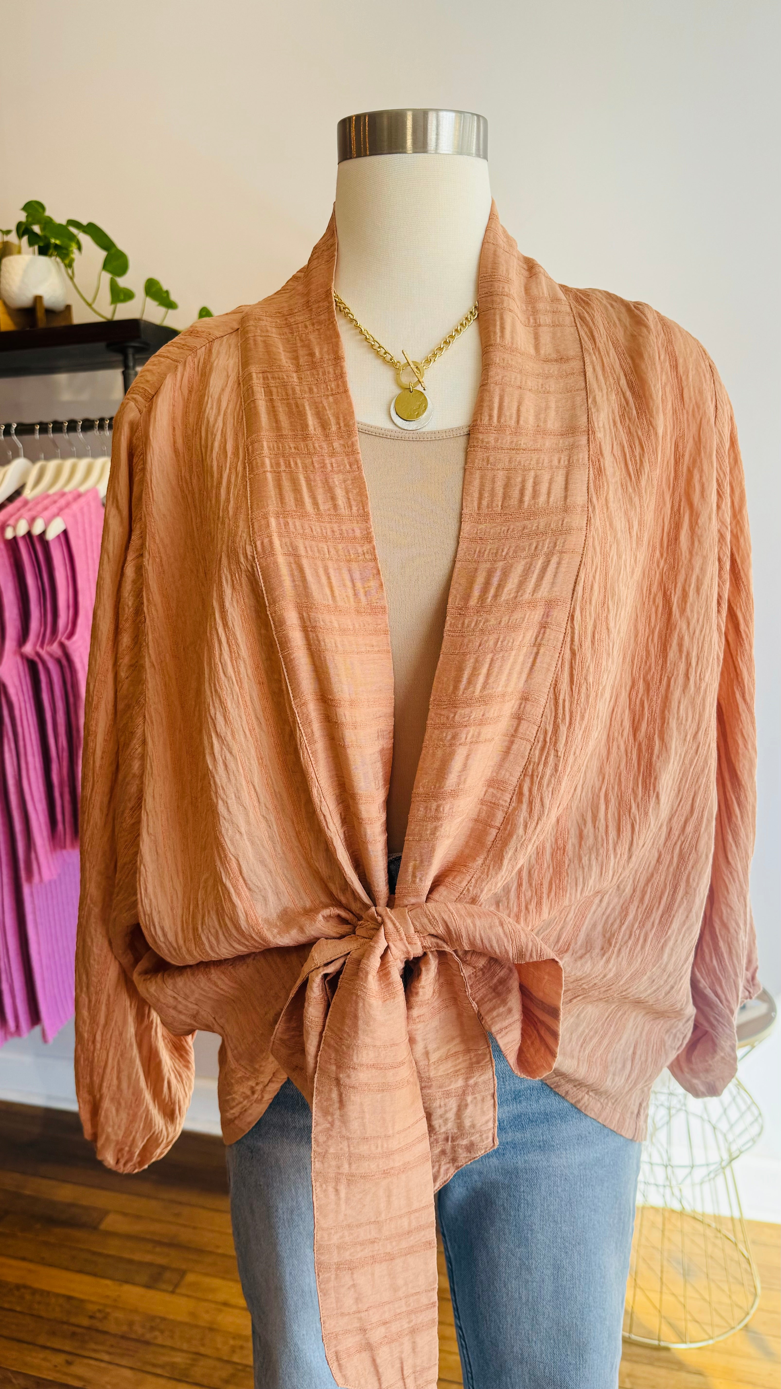 Textured Tie Front Kimono