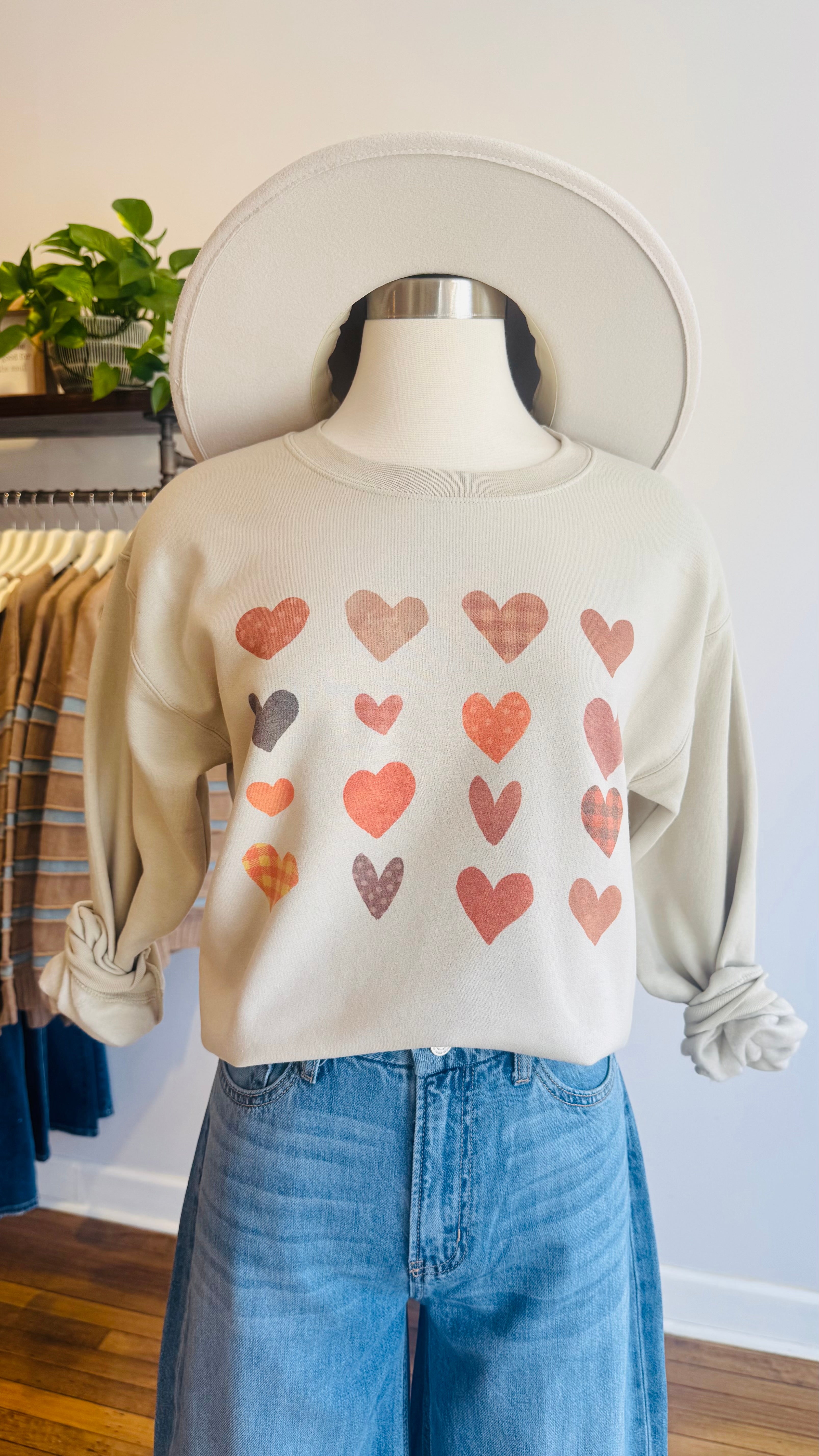 Vintage Plaid Hearts Crew Neck Sweatshirt